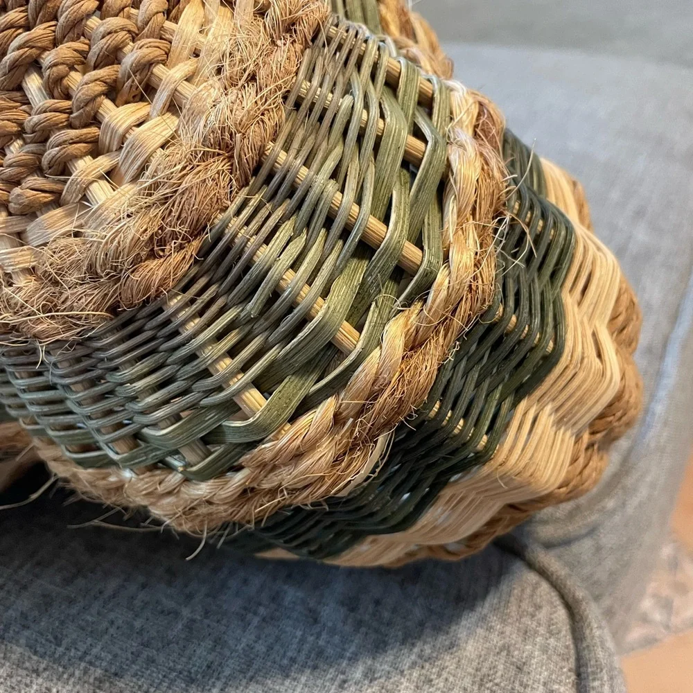 Handwoven Tri color Egg/Butt God’s Eye Gathering Basket bamboo rope Raffeta 10”